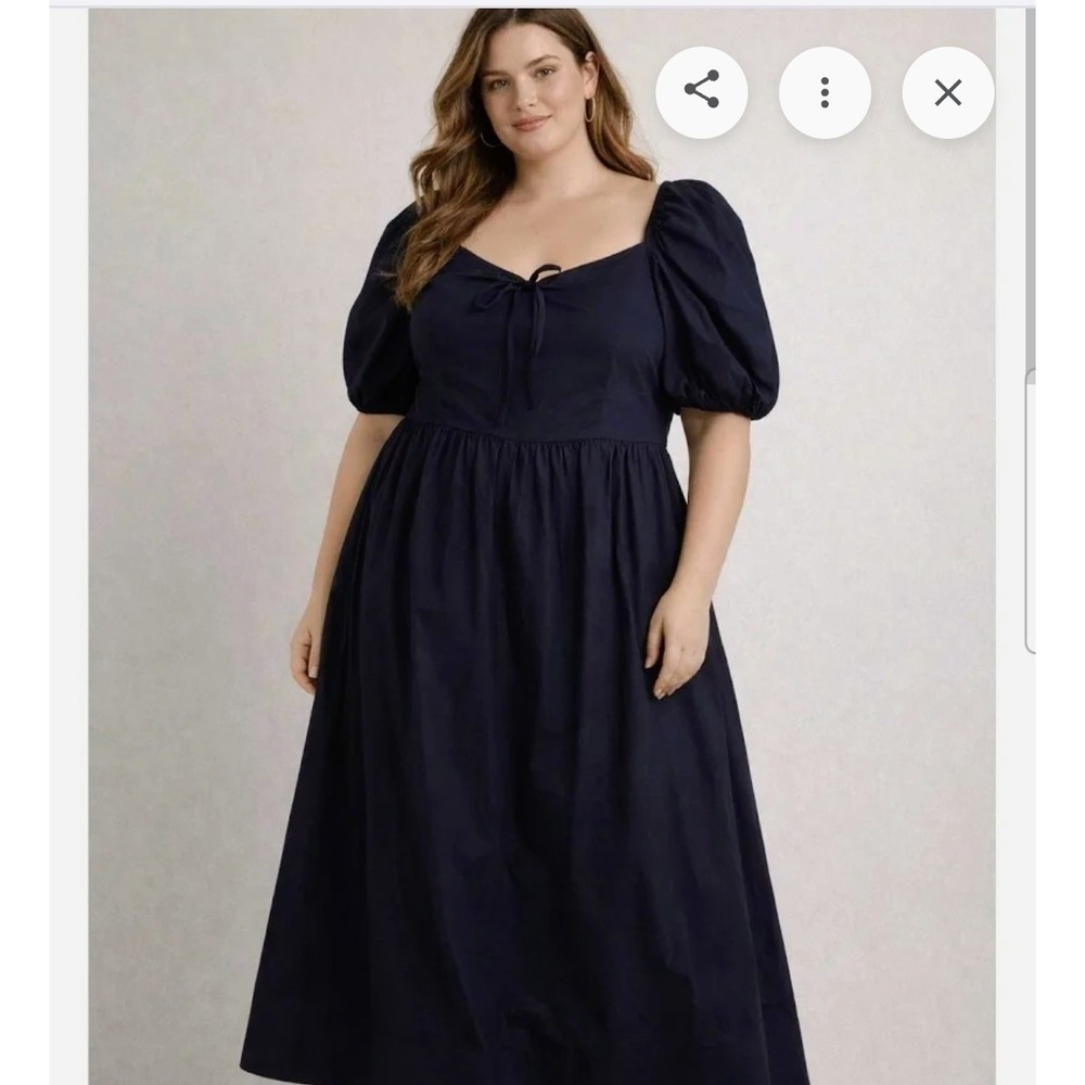 Glamorous Anthropologie Boho Navy Puff Sleeve Square Neck Cotton Midi Smocked Bk